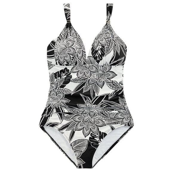 Ralph Lauren Swim Women 12 Black Floral One Piece Tropical Beach Travel Neutral - Picture 1 of 14